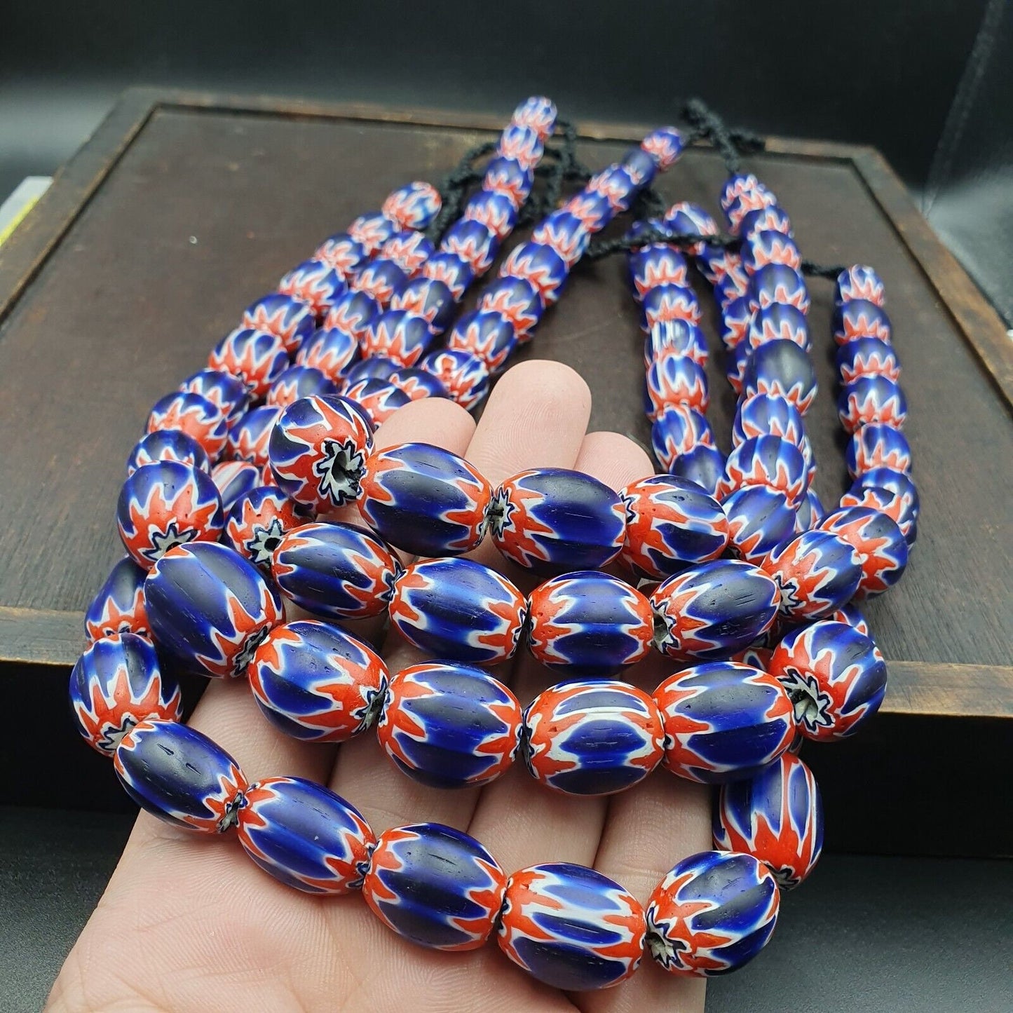 Venetian antique style african blue glass chevron with big beads 14-18mmGift