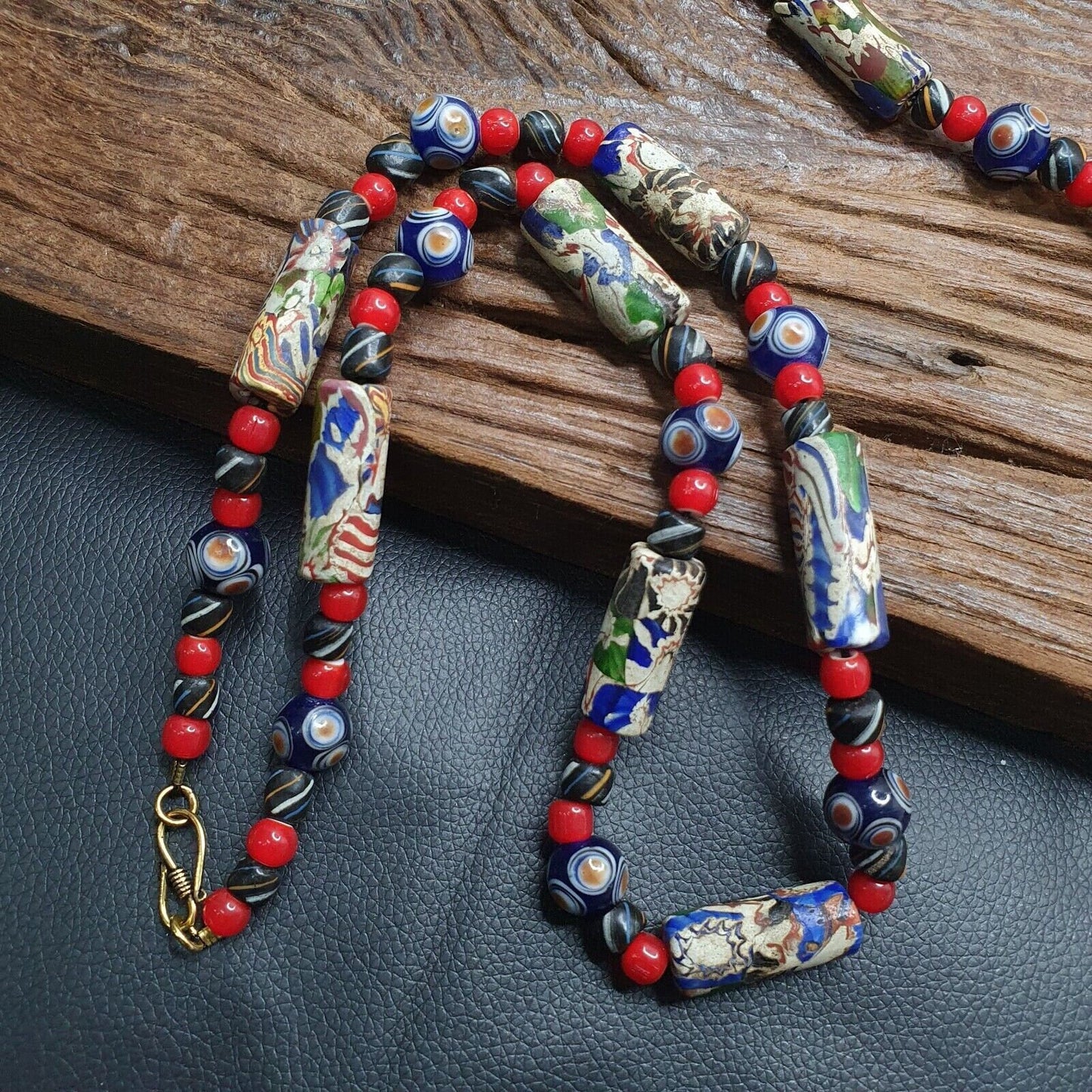 Handmade Millefiori Style Glass Bead Necklace with Whiteheart & Eye Beads
