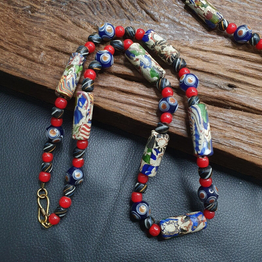 Handmade Millefiori Style Glass Bead Necklace with Whiteheart & Eye Beads