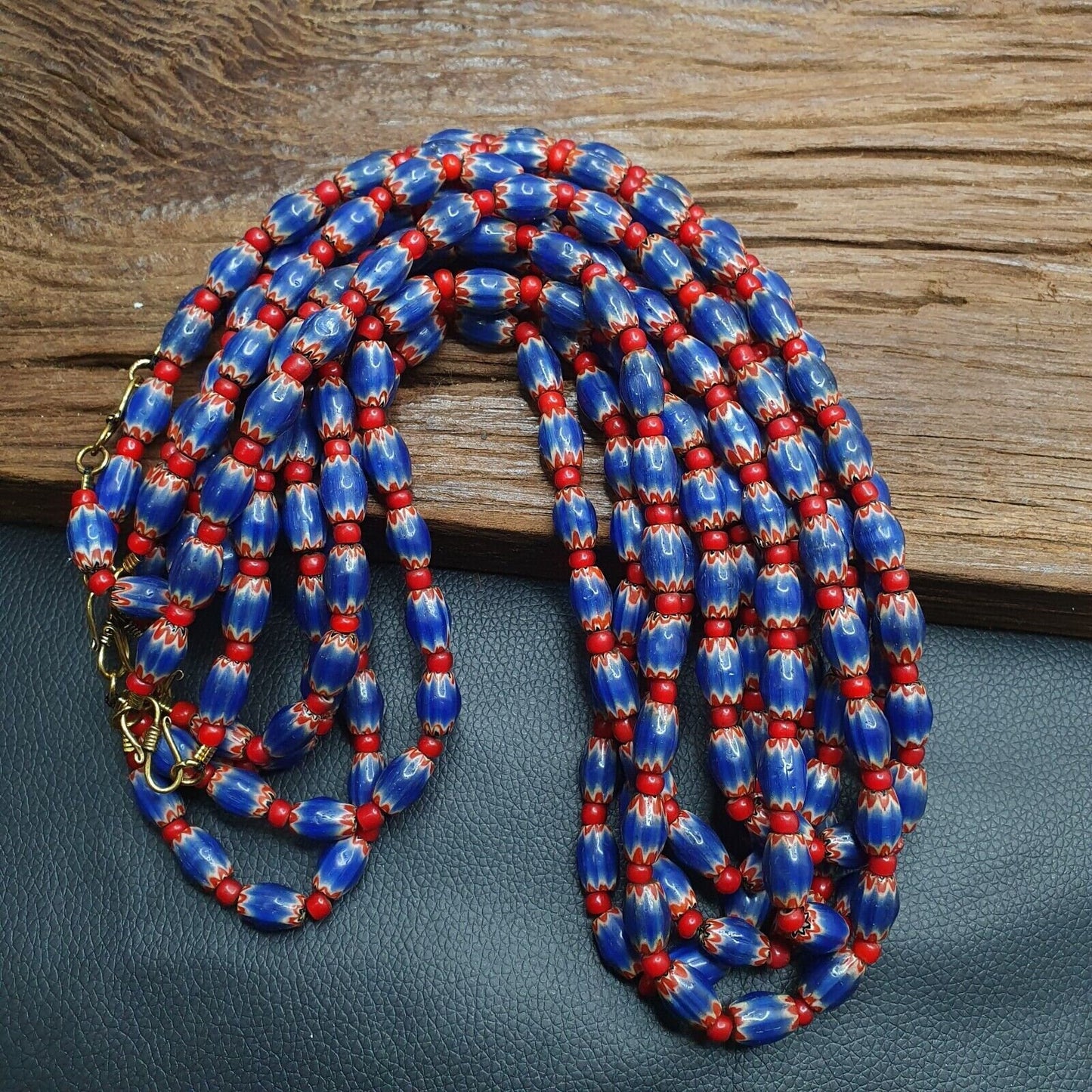 Antique venetian white heart and blue chevron trade beads necklace