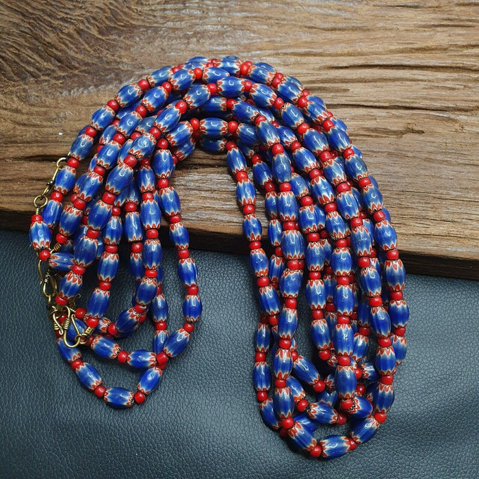 Antique venetian white heart and blue chevron trade beads necklace