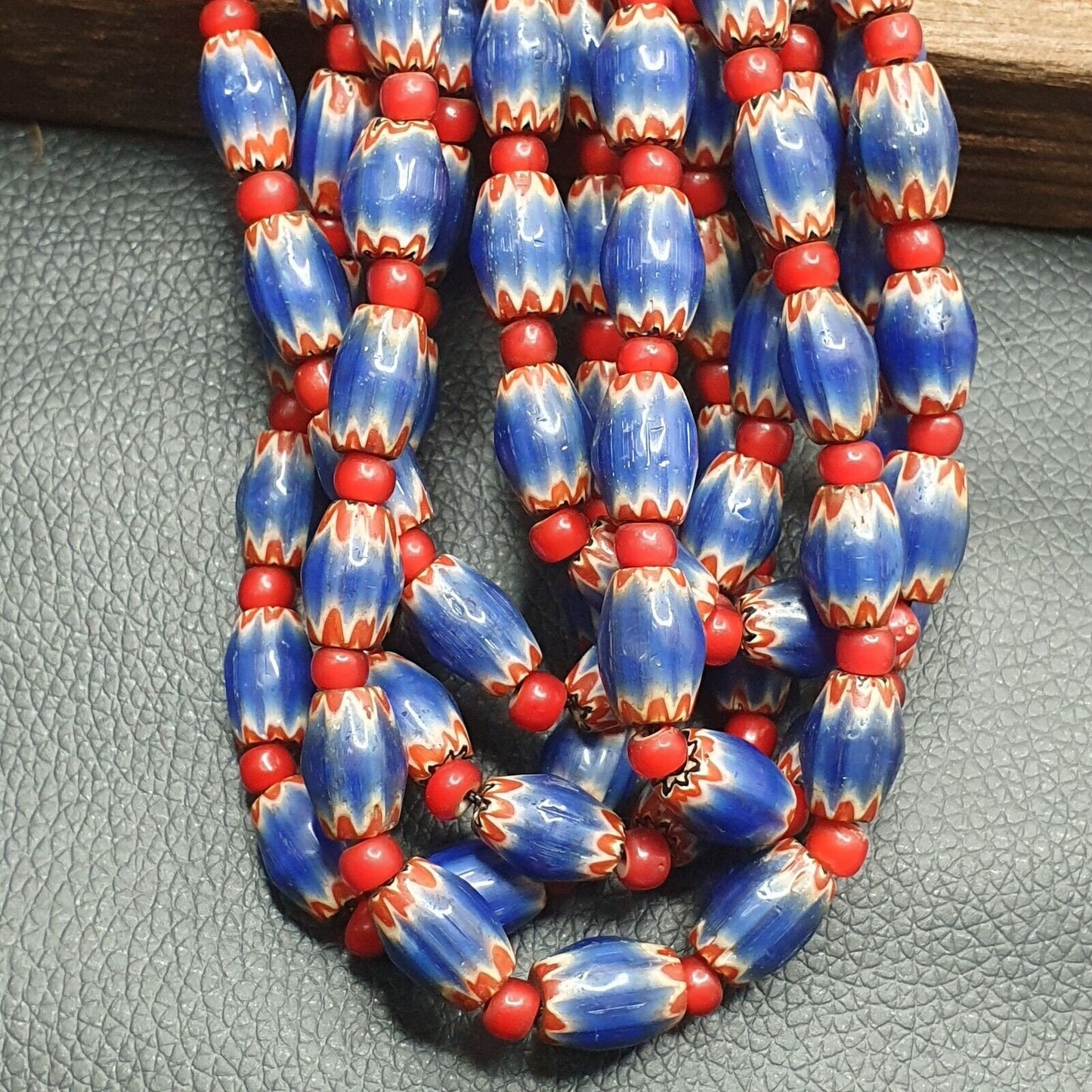 Antique venetian white heart and blue chevron trade beads necklace