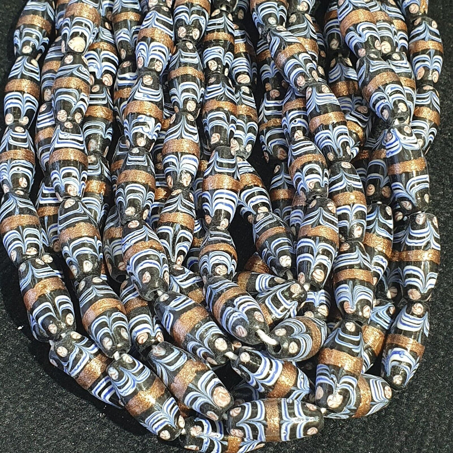 Vintage blue fancy aventurine glass beads strand 23x10.5mm.