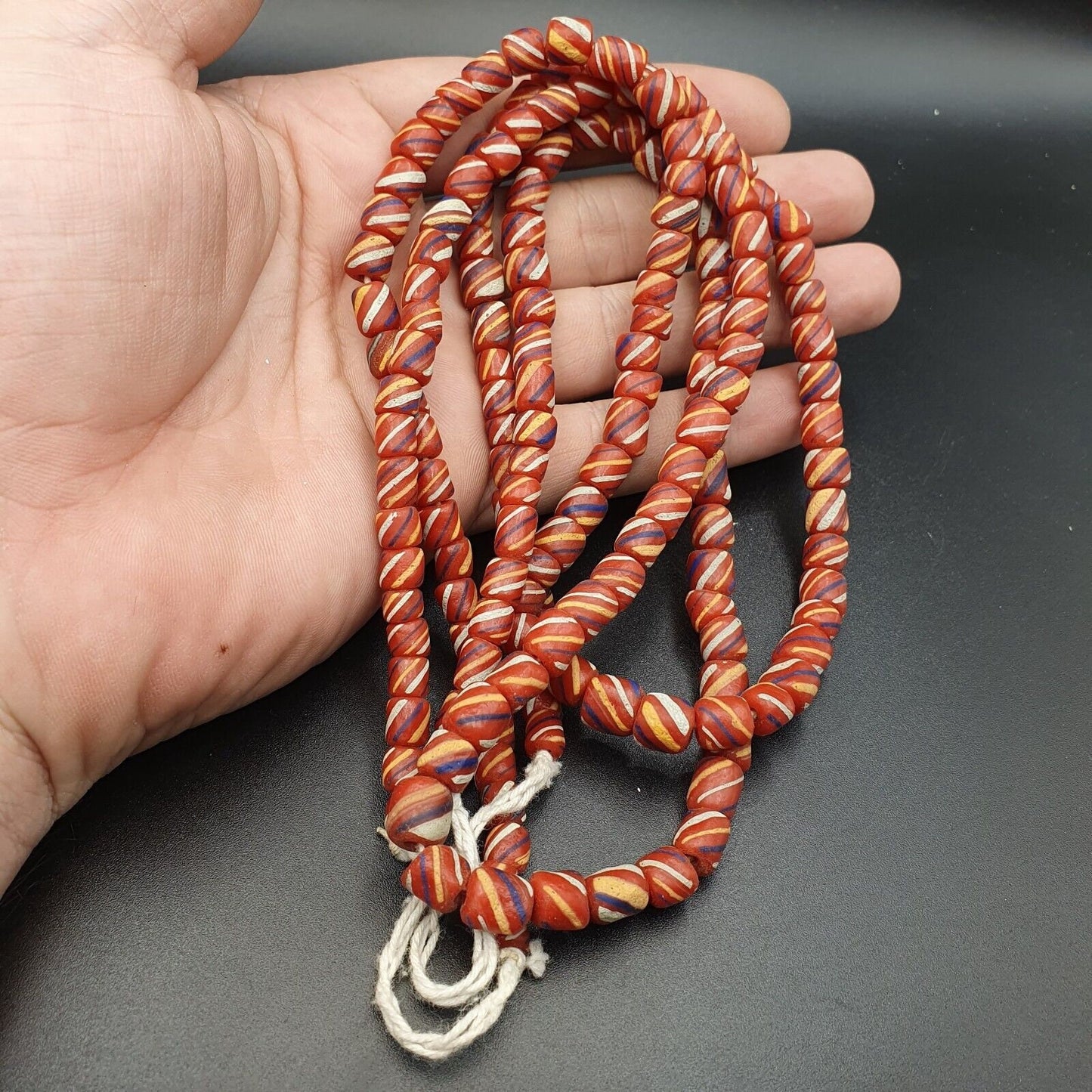 Lot 2 vintage old african red glass antique stripes beads 7-8mm  beads strandGift