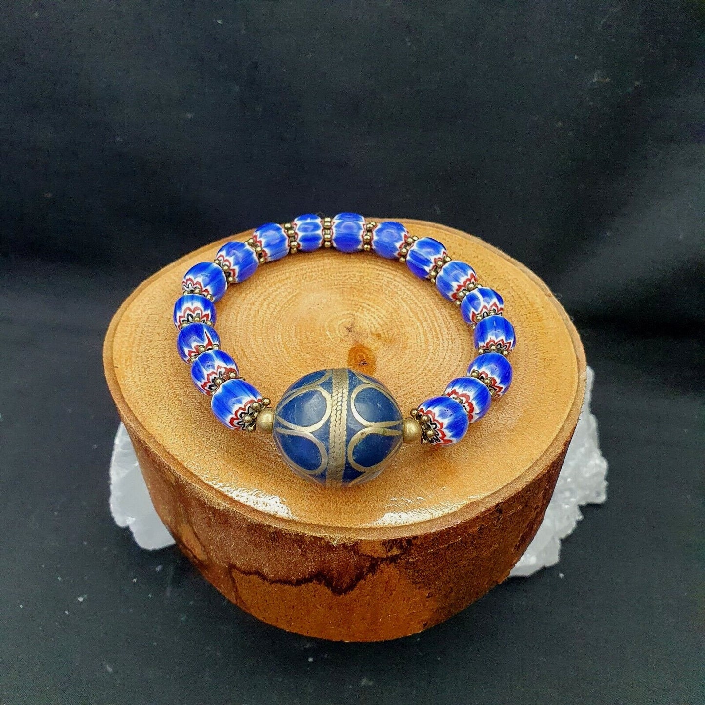Vintage Blue Venetian Chevron Bead Bracelet: Afghan Style