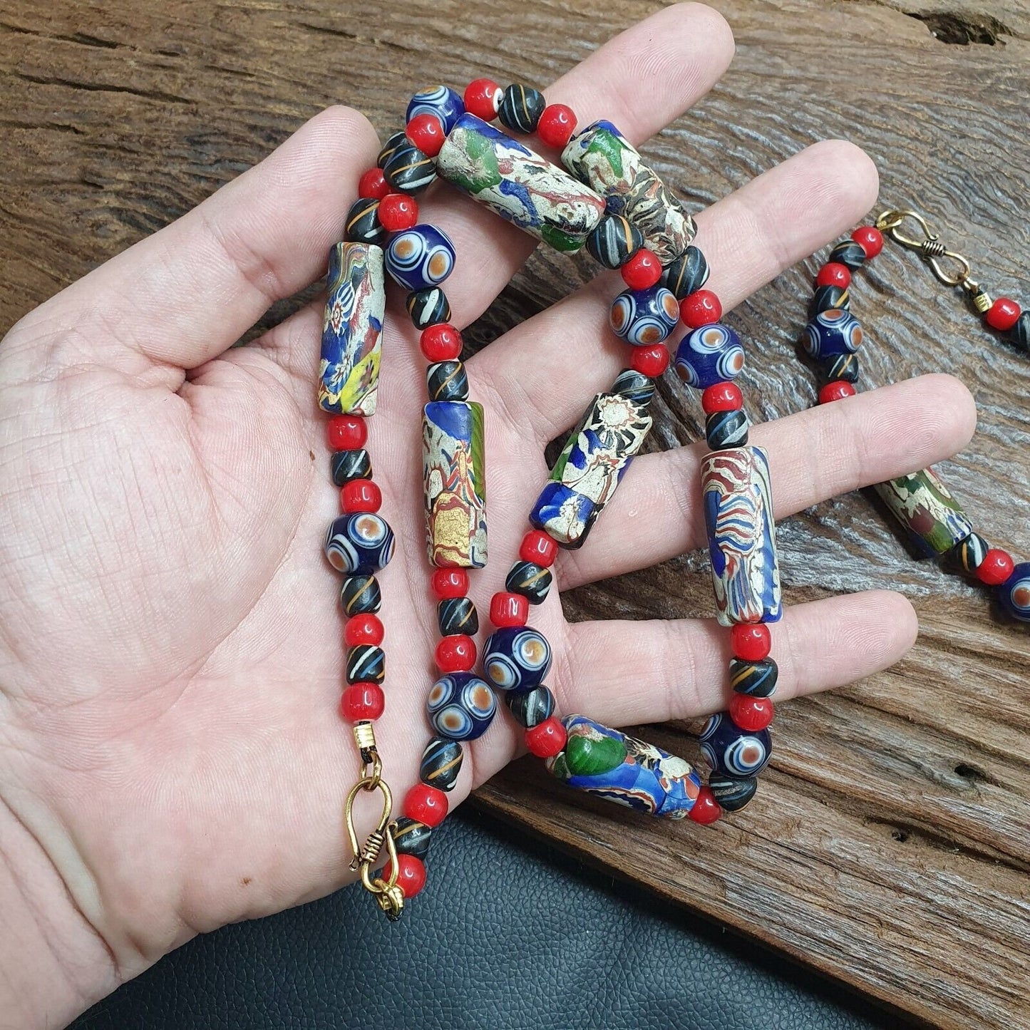 Handmade Millefiori Style Glass Bead Necklace with Whiteheart & Eye Beads