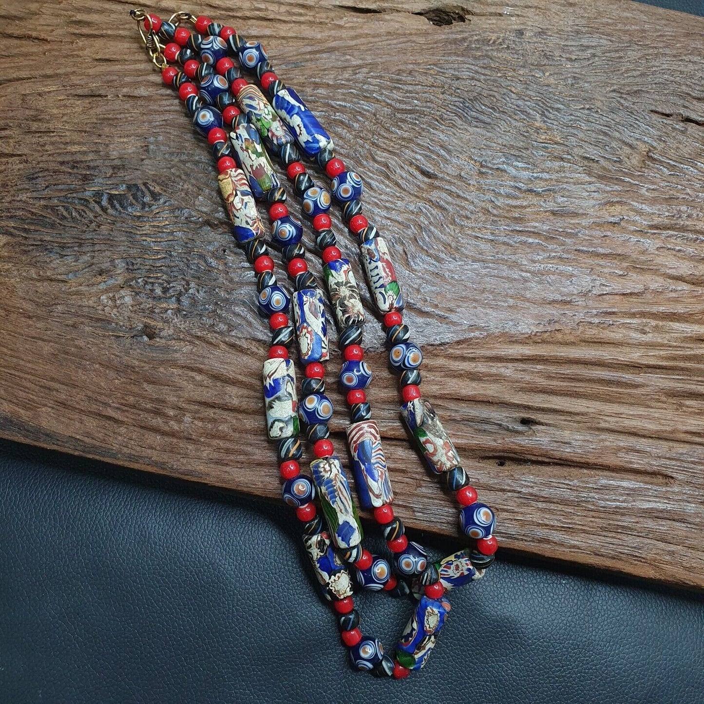 Handmade Millefiori Style Glass Bead Necklace with Whiteheart & Eye Beads