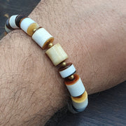 Banded Agate Beads Bracelet, Antique Yemeni Dzi Talisman, Multicolor Striped Stone, Etched (Pre-1800, Natural)