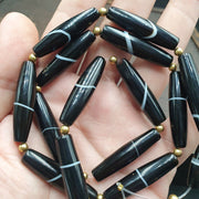 Antique Old Yemeni, Pattern Banded Agate Beads | Tube Style Strand | 16 Piece Lot - Vintage Trade Necklace