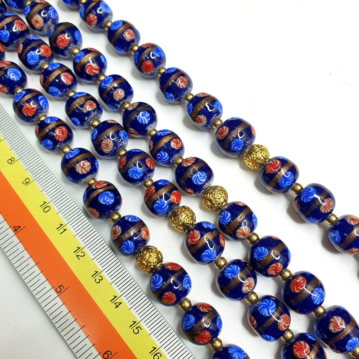 Murano Style Glass Bead Strand: Blue Aventurine Millefiori, 12mm