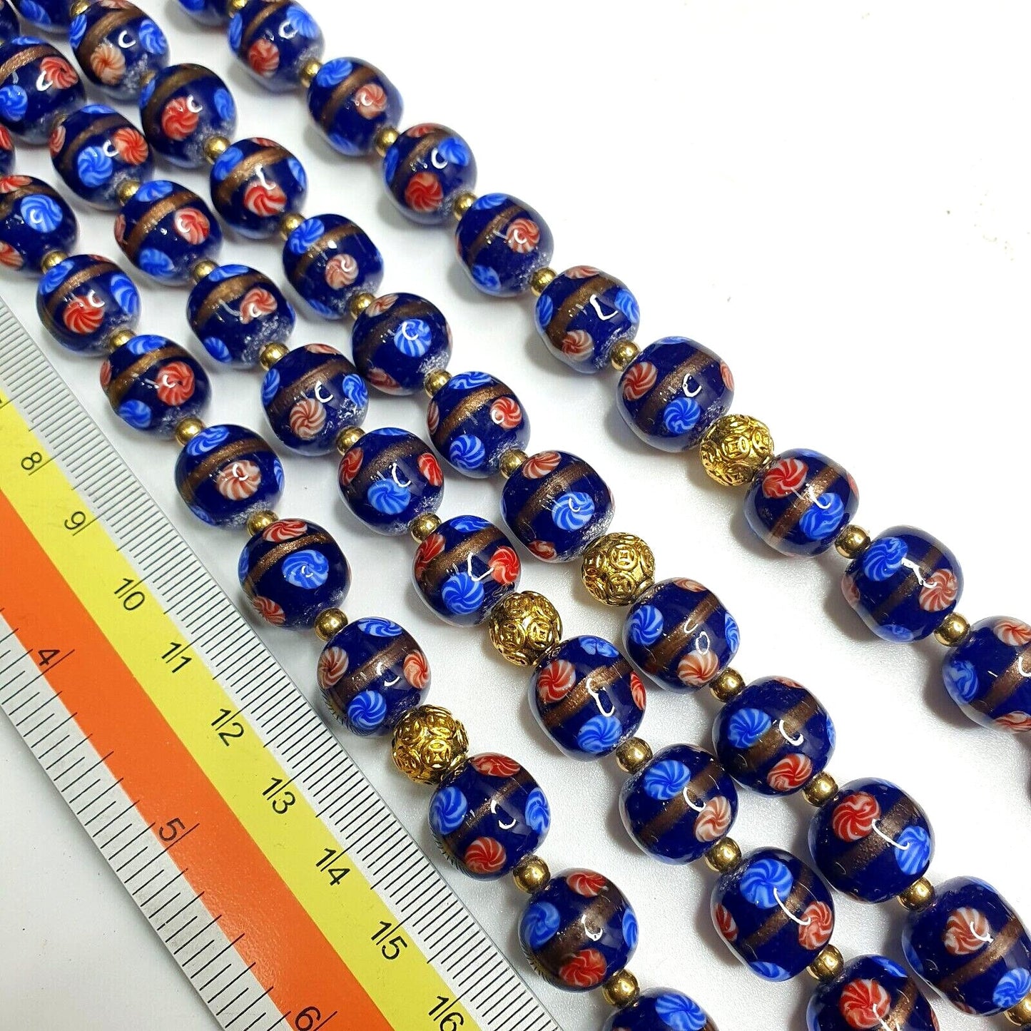 Murano Style Glass Bead Strand: Blue Aventurine Millefiori, 12mm
