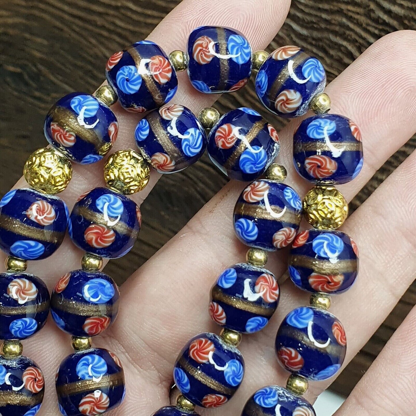 Murano Style Glass Bead Strand: Blue Aventurine Millefiori, 12mm