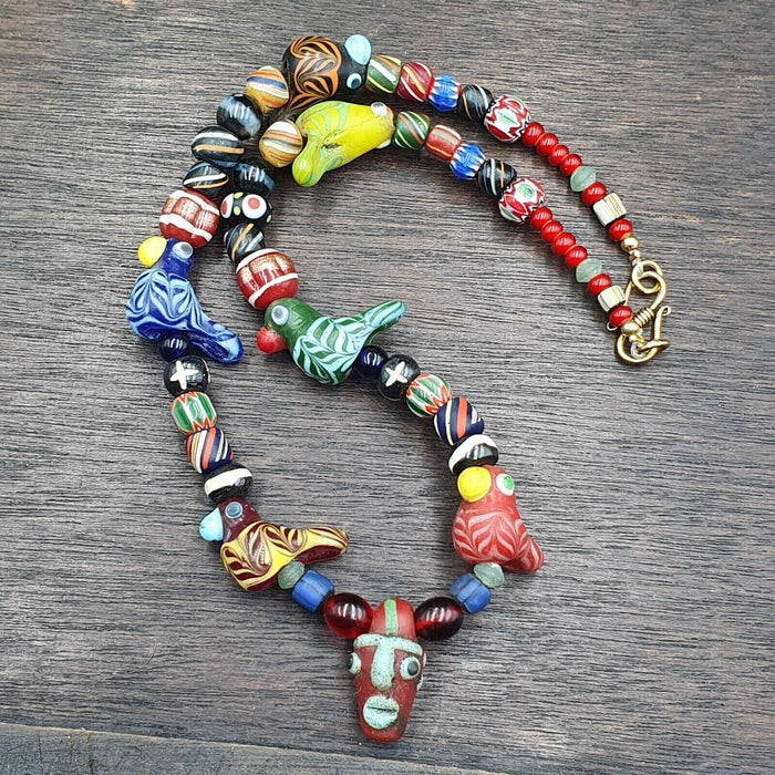 Vintage colorfull venetian style face and birds glass beads beaded necklaceGift