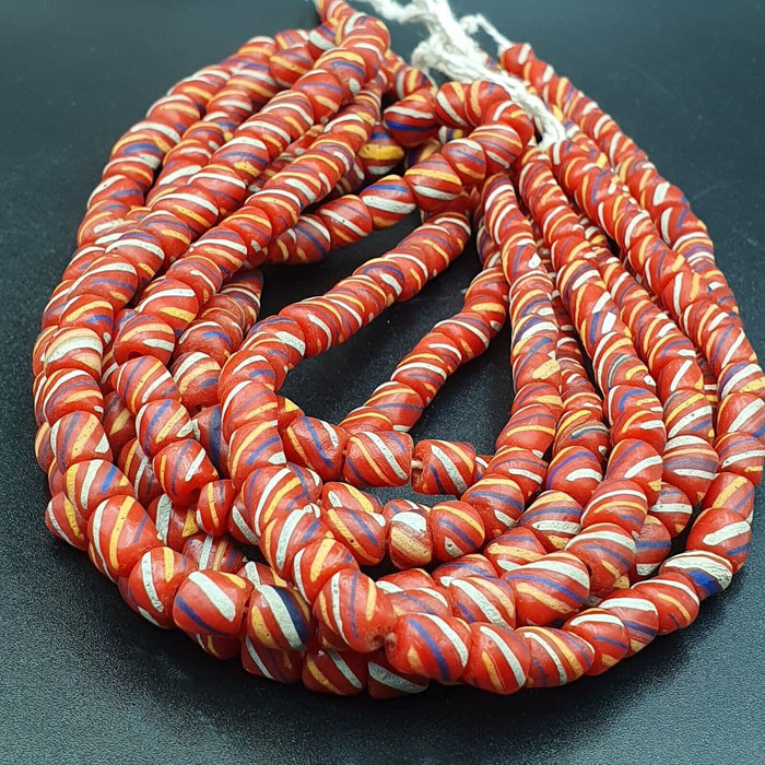 Lot 2 vintage old african red glass antique stripes beads 7-8mm  beads strandGift