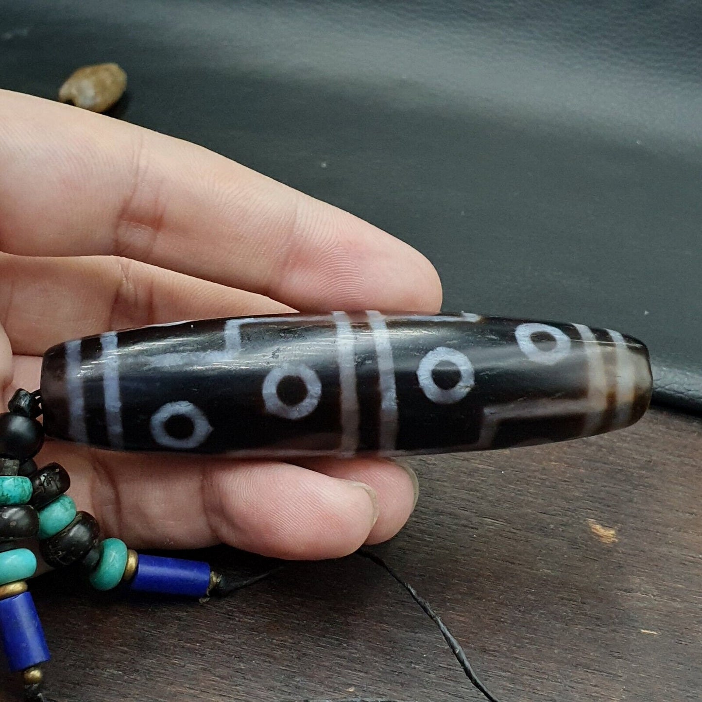 Large himalayan tibetan 12 eyes dzi agate bead with turquoise and lapis 94mm