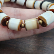 Banded Agate Beads Bracelet, Antique Yemeni Dzi Talisman, Multicolor Striped Stone, Etched (Pre-1800, Natural)