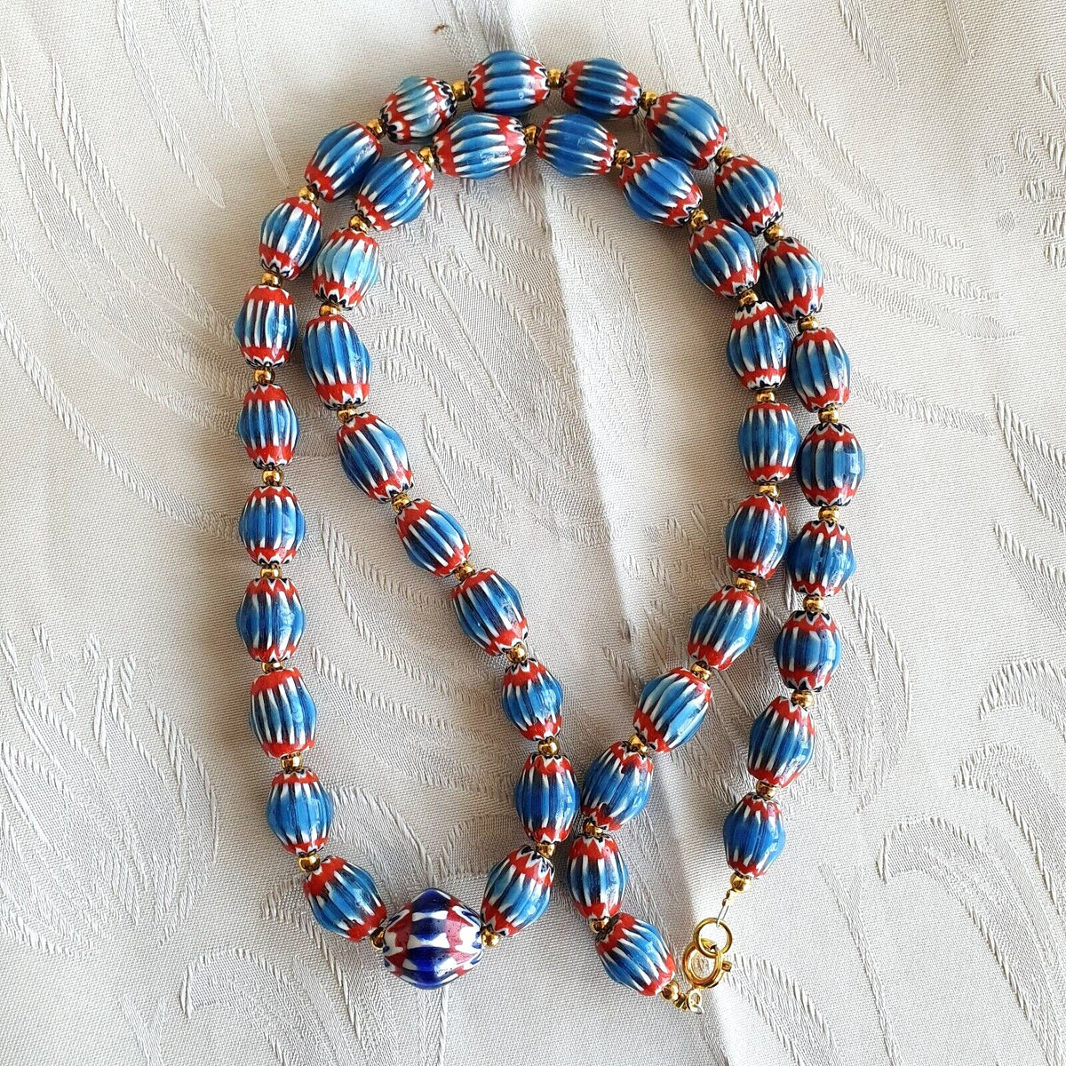 Antique Venetian Inspired Blue Chevron Beads Long Strand Necklace 24inch