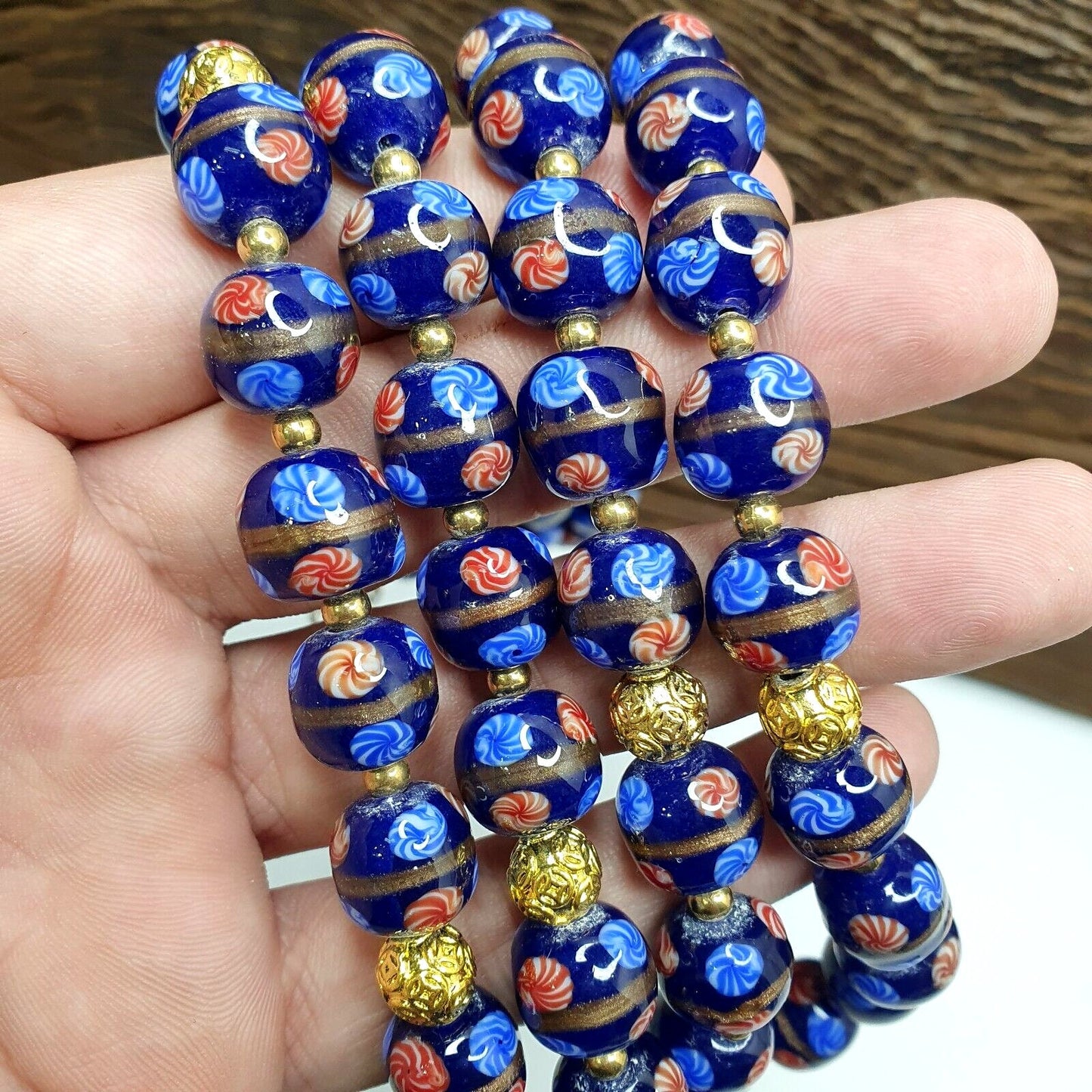 Murano Style Glass Bead Strand: Blue Aventurine Millefiori, 12mm