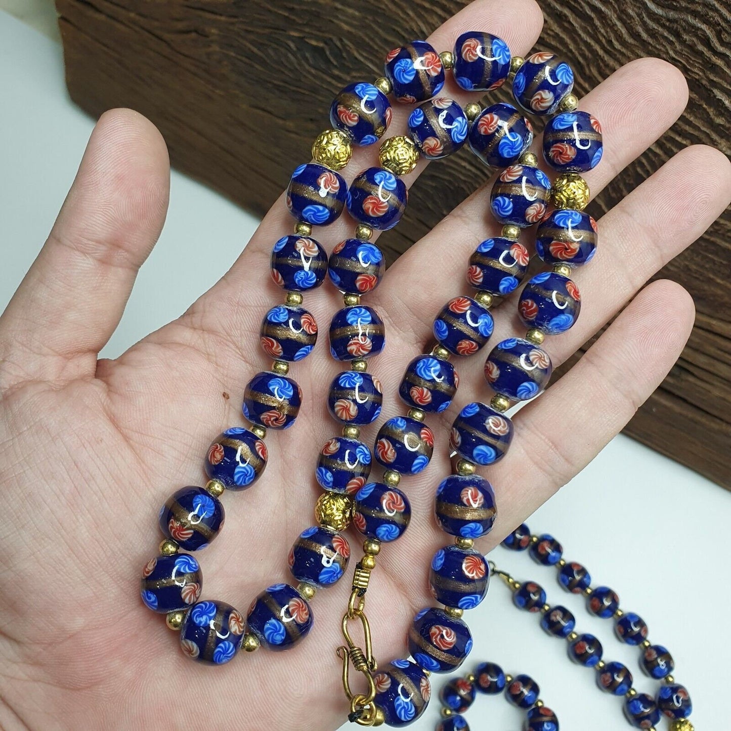 Murano Style Glass Bead Strand: Blue Aventurine Millefiori, 12mm