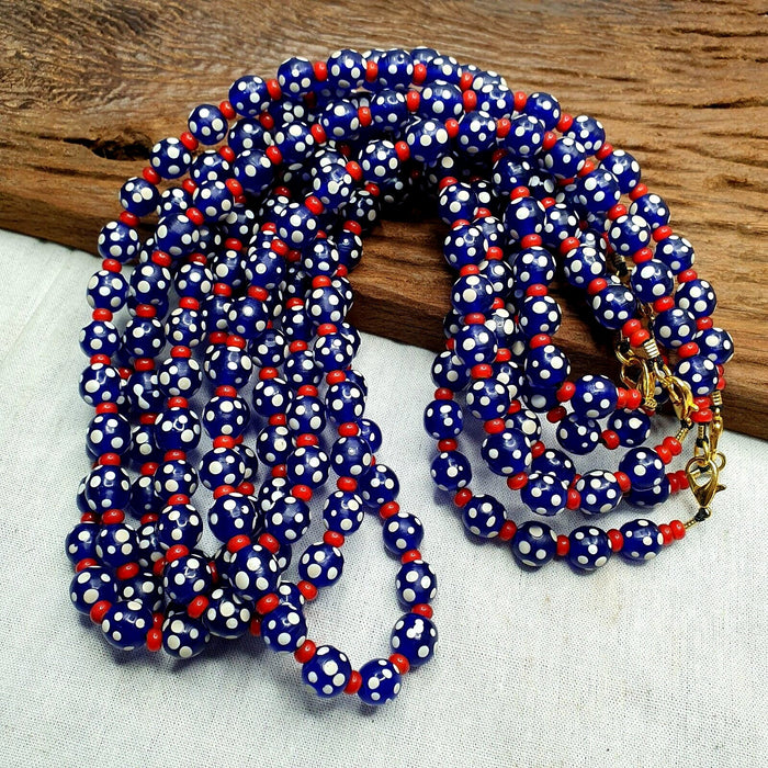 East Oasis Venetian Red White Heart & Blue Skunk Glass Bead Necklace - Trade Bead Strand