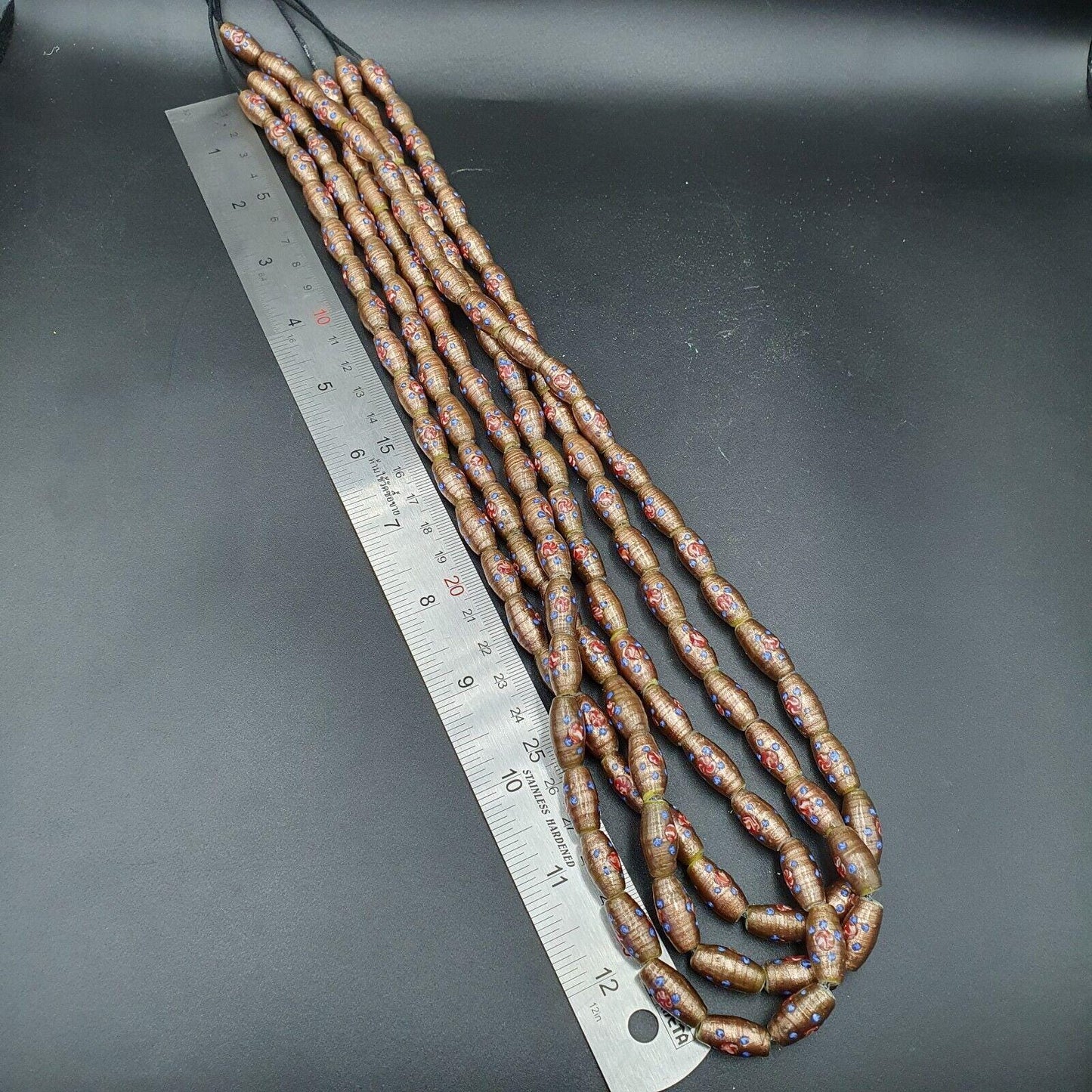 Vintage aventurine millefiori fancy feather glass beads 17x9.5mm 25" necklaceGift