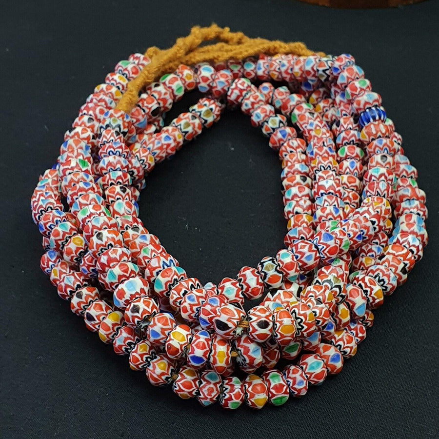Vintage chevron beads venetian african multicolor glass  9mm beads long strand.