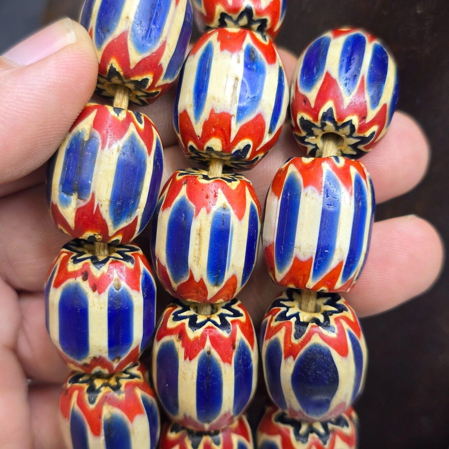 Big size vintage venetian style old blue chevron glass beads long strand ch-4Gift
