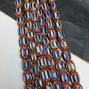 Big size vintage venetian style old blue chevron glass beads long strand ch-4.