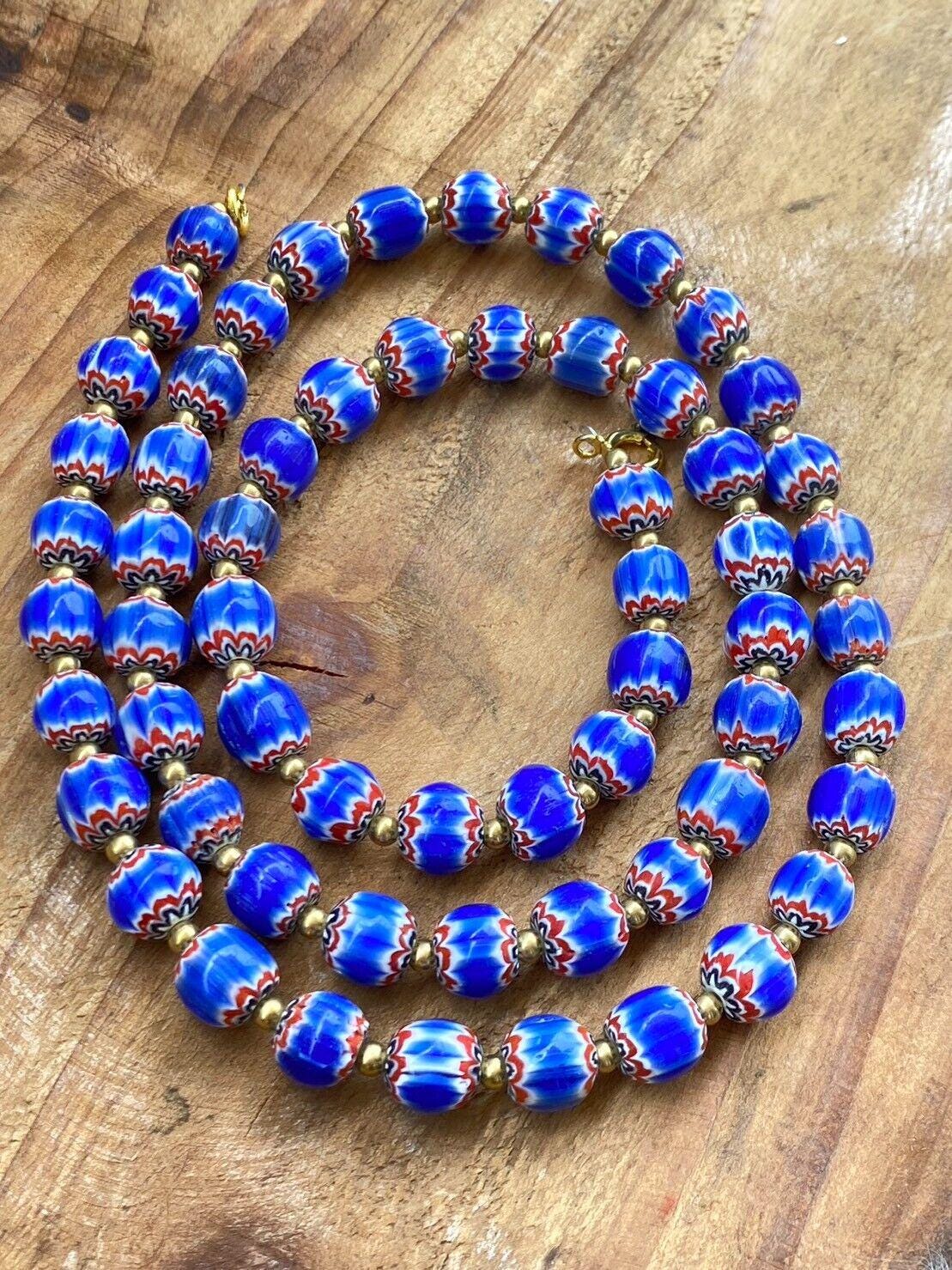 Vintage blue chevron venetian style multilayers glass beads necklace n-204Gift