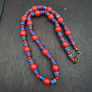 Antique venetian white heart and vintage blue chevron trade beads necklace w4