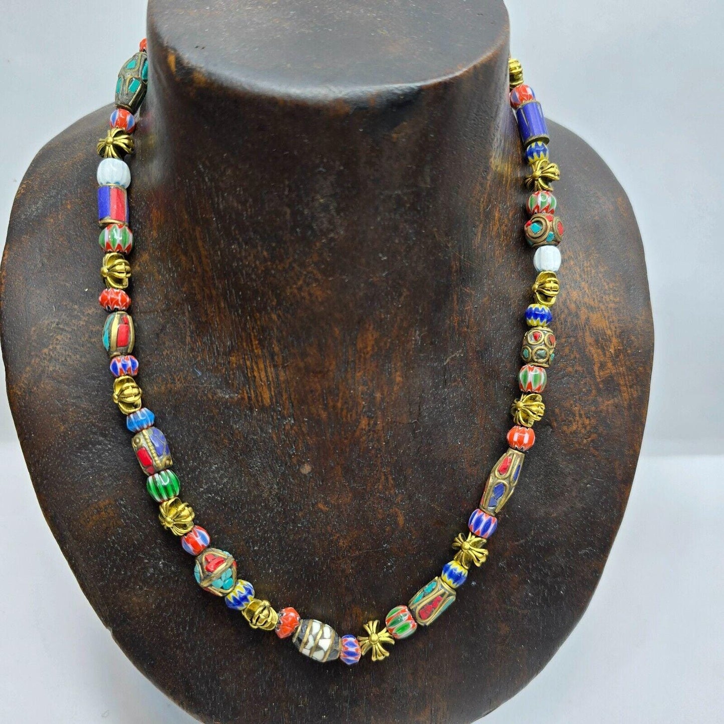 Vintage tibetan nepalese beads chevron glass beads brass gold plated necklaceGift