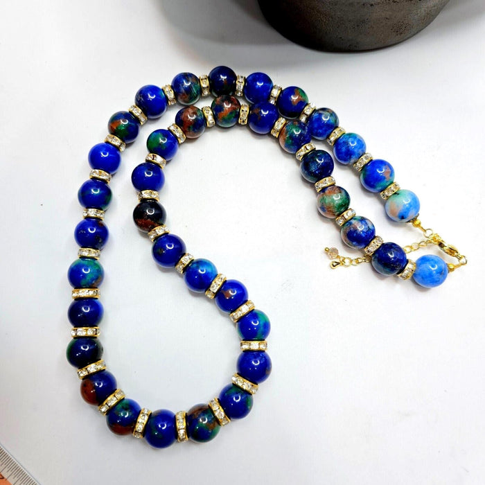 Blue Dyed Stone Necklace: Rhinestone Spacer Beads, 20-inch Beaded Chain