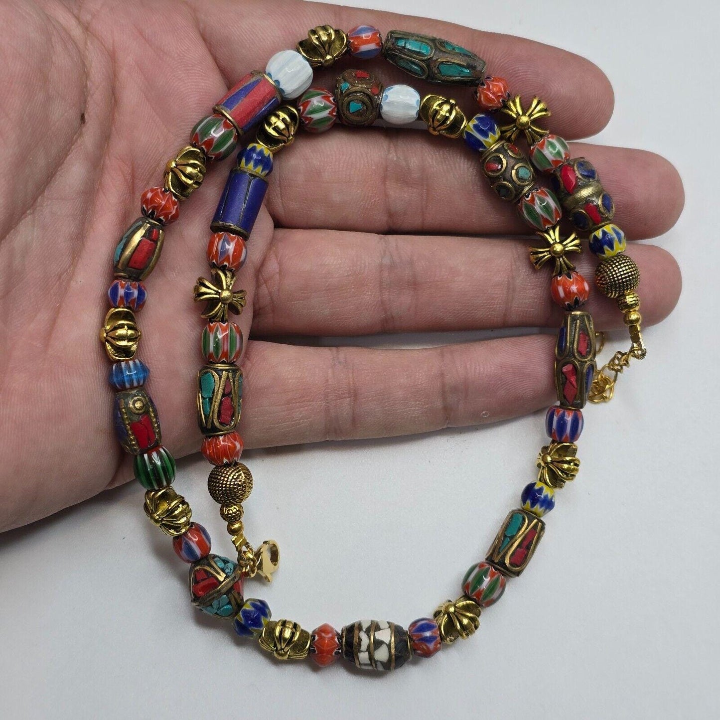 Vintage tibetan nepalese beads chevron glass beads brass gold plated necklaceGift
