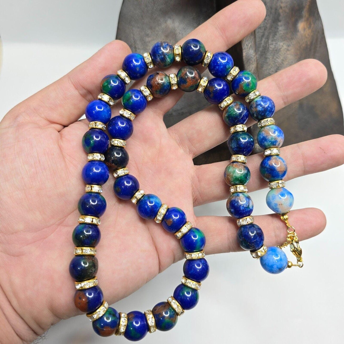 Blue Dyed Stone Necklace: Rhinestone Spacer Beads, 20-inch Beaded Chain