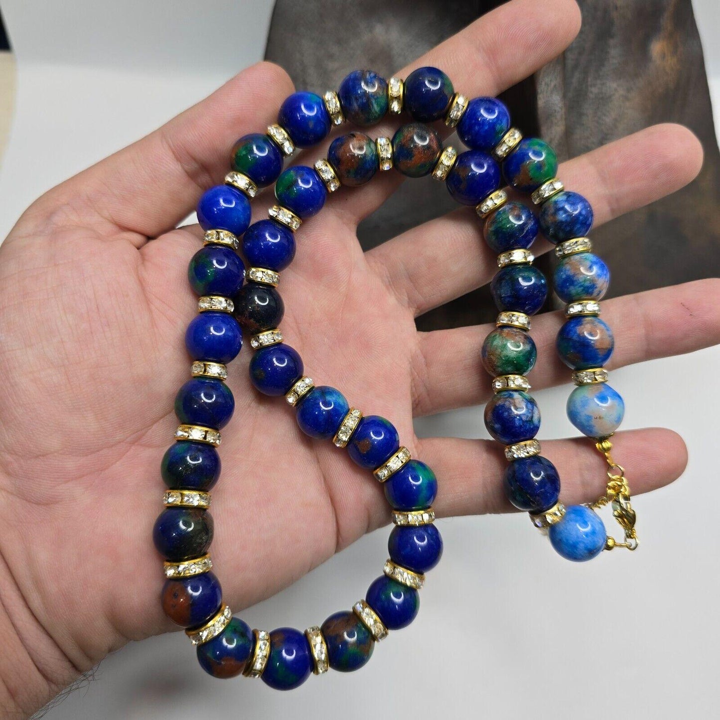 Blue Dyed Stone Necklace: Rhinestone Spacer Beads, 20-inch Beaded Chain