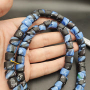 Vintage Disc Shape, Gabri Style Long Necklace - Traded Glass Beads, Black Blue Multi, 11mm Strand