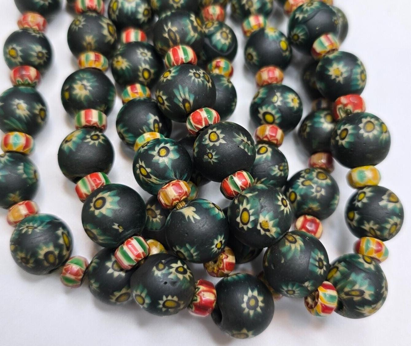 Vintage venetian style green gabri and chevron mix glass beads necklaceGift