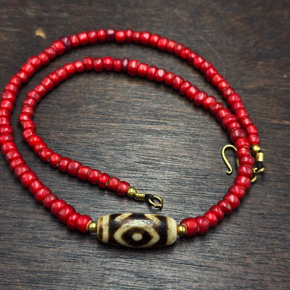 Antique vintage venetian white heart  & tibetan dzi agate beads necklace