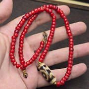 Venetian White Heart, Antique Tibetan Dzi Agate Necklace - Brass Accents, Etched Glass Stone Beads