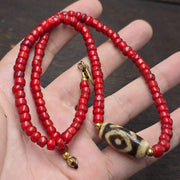 Venetian White Heart, Antique Tibetan Dzi Agate Necklace - Brass Accents, Etched Glass Stone Beads
