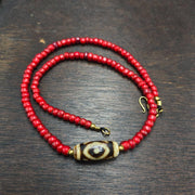 Venetian White Heart, Antique Tibetan Dzi Agate Necklace - Brass Accents, Etched Glass Stone Beads