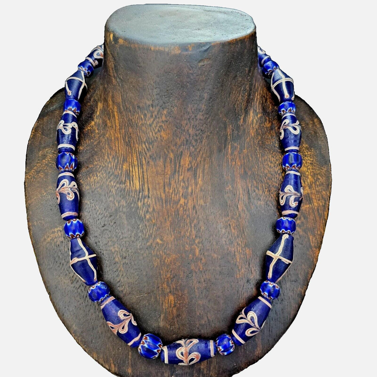 Antique venetian style blue chevron glass beads necklace