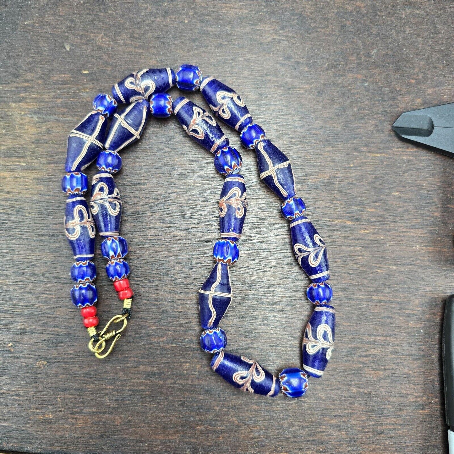 Antique venetian style blue chevron glass beads necklace