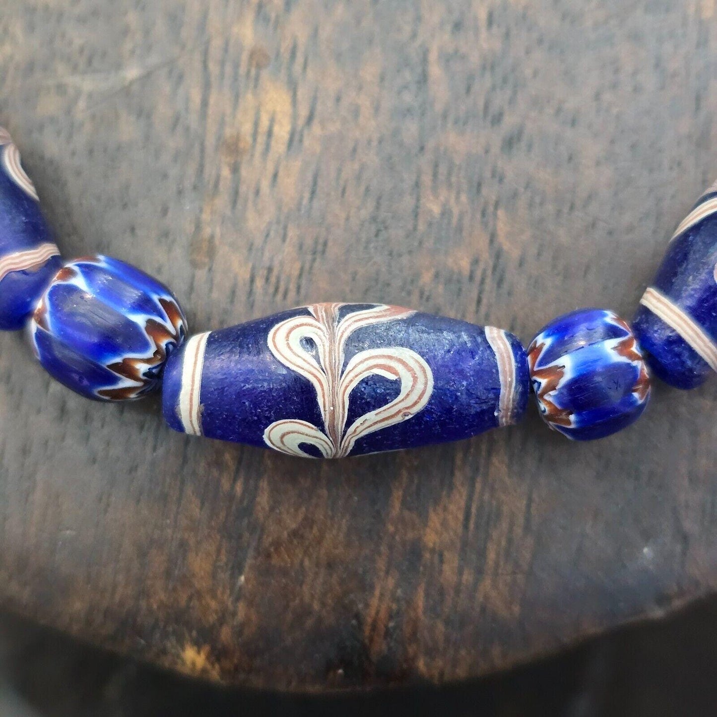 Antique venetian style blue chevron glass beads necklace