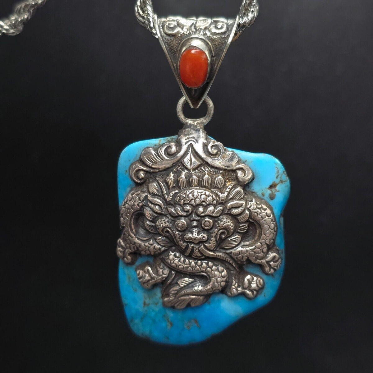 Dragon, elephant crafted from 925 sterling silver turquoise pendant necklace