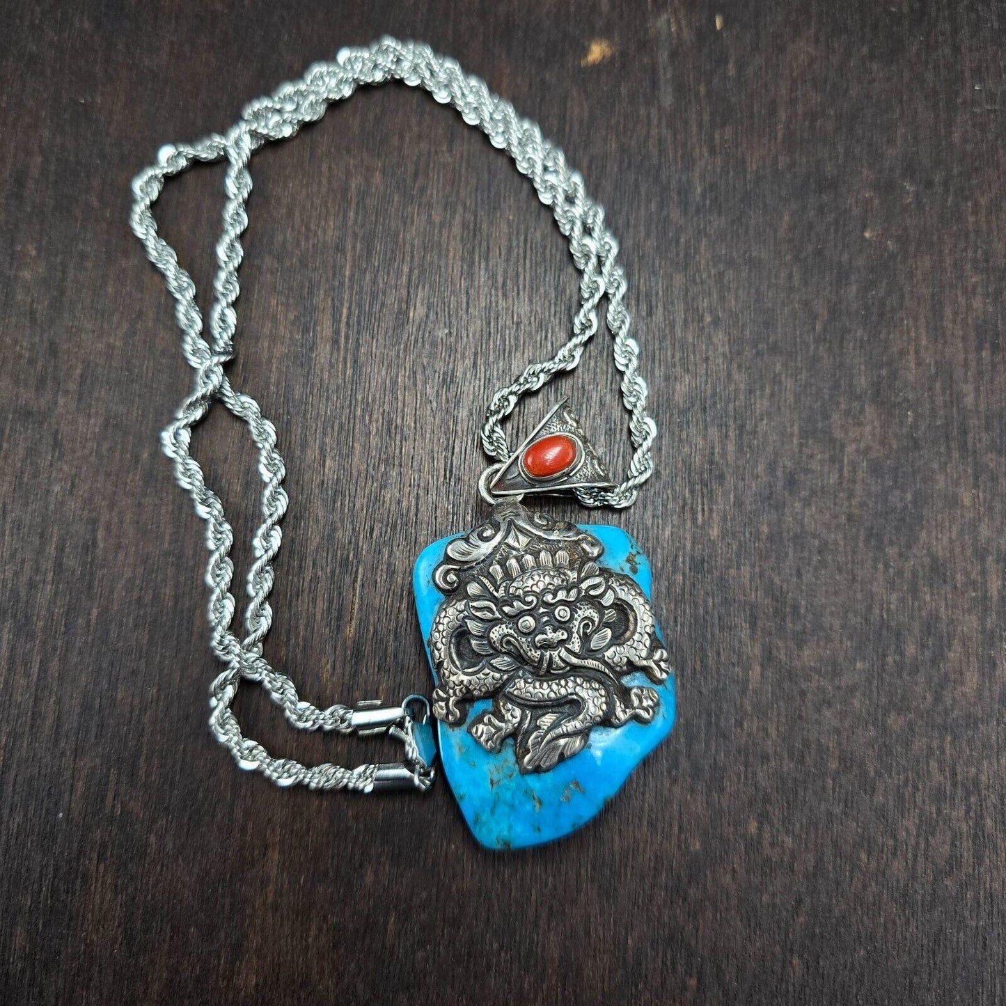 Dragon, elephant crafted from 925 sterling silver turquoise pendant necklace
