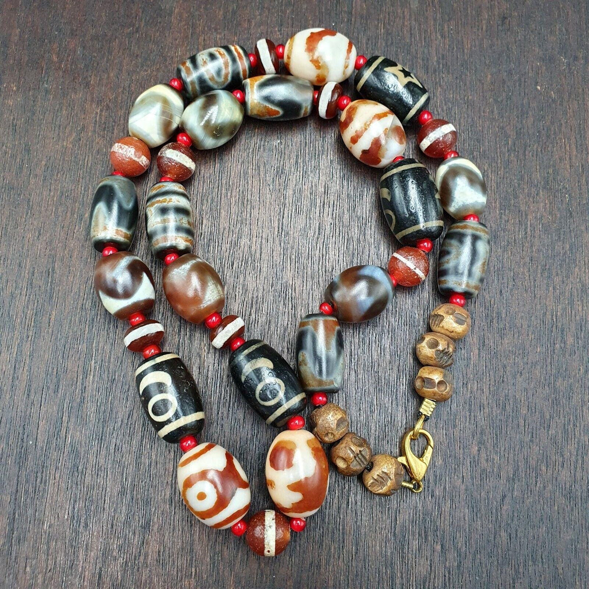 Vintage tibetan unique pattern eyes agate dzi beads lot necklace amulets