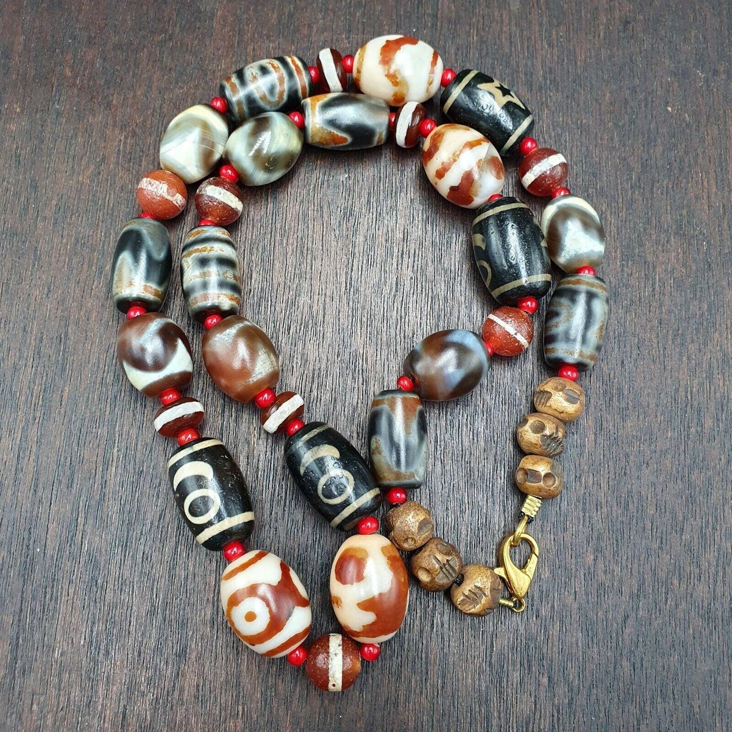 Vintage tibetan unique pattern eyes agate dzi beads lot necklace amulets