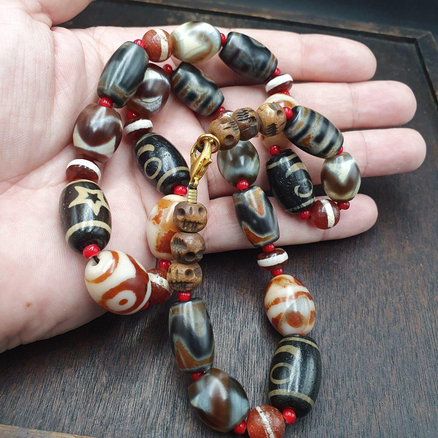 Vintage tibetan unique pattern eyes agate dzi beads lot necklace amulets