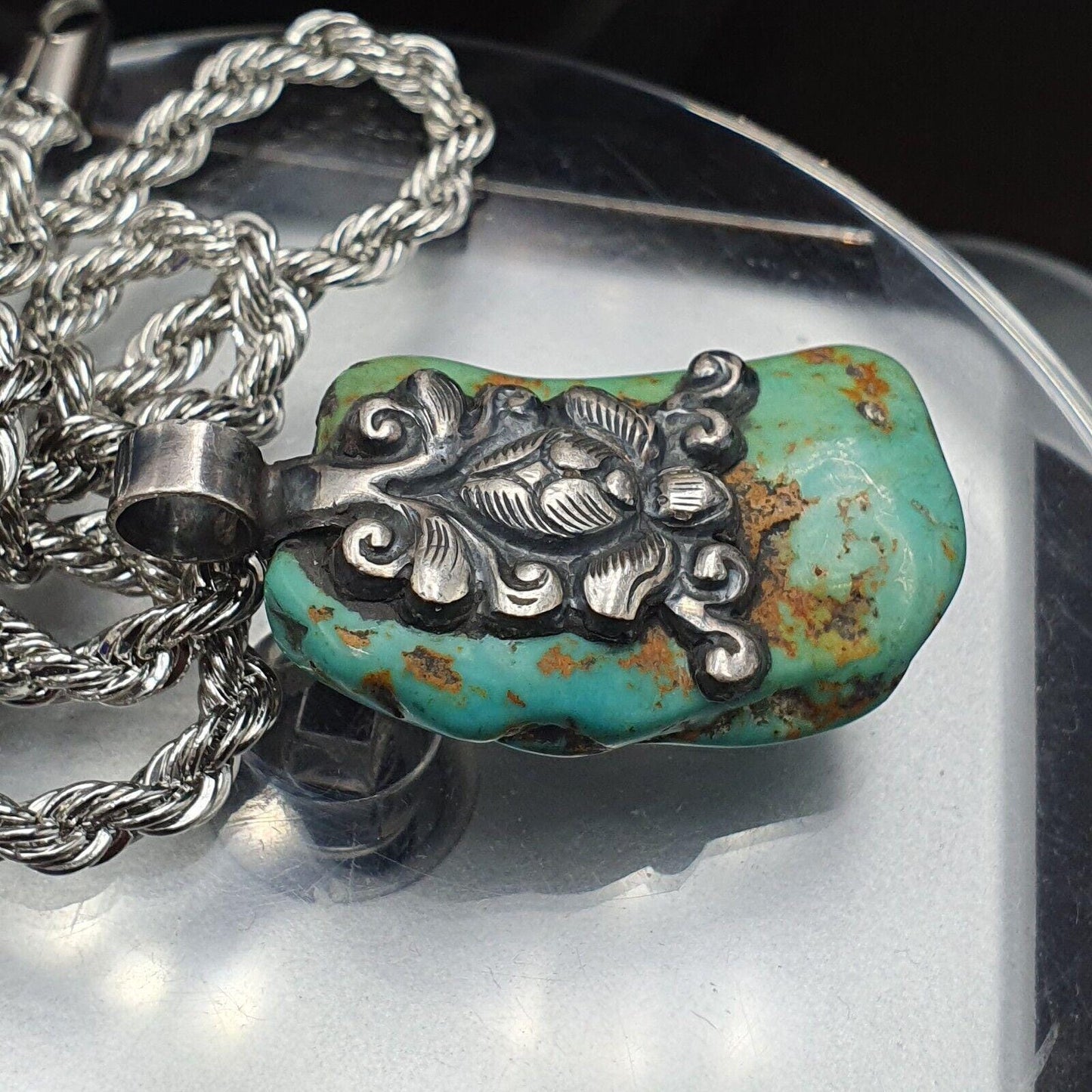 Vintage natural blue turquois 925 silver pendant necklace 16